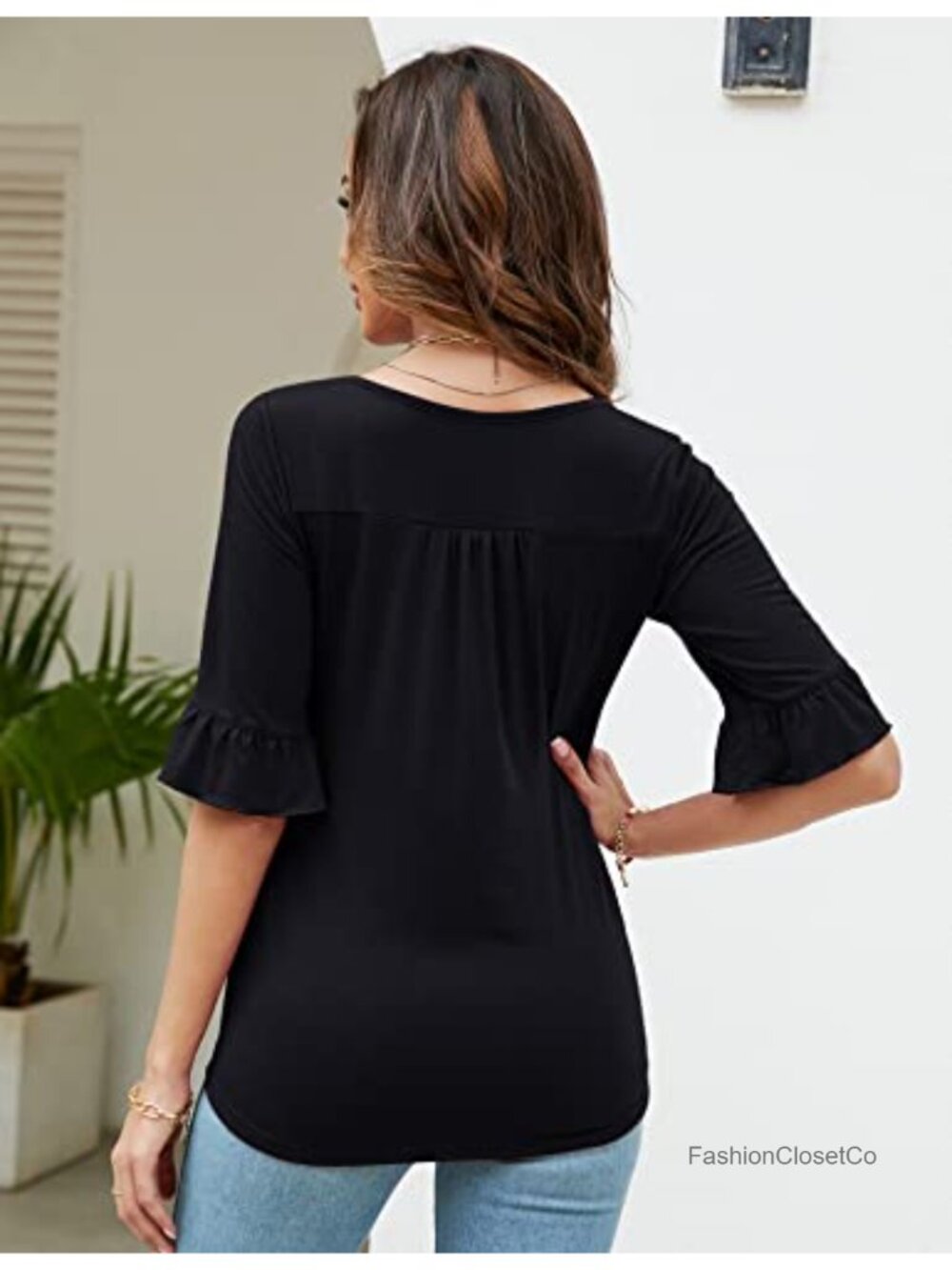 Women's Square Neck 3/4 Bell Sleeve Tunic Blouse Business Casual - Picture 5 of 6